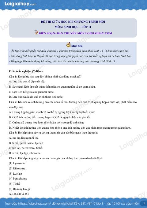 Đề thi giữa kì 1 Sinh 11 Chân trời sáng tạo - Đề số 3